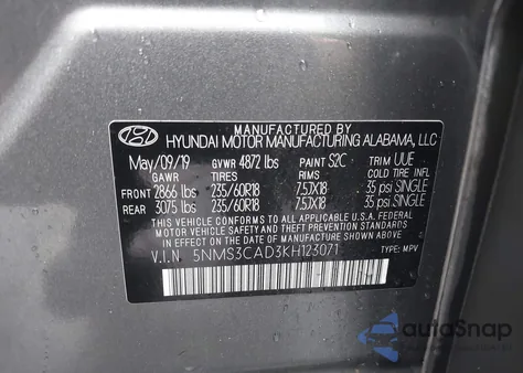 2019 Hyundai Santa Fe Sel Plus из США, поврежденный, VIN 5NMS3CAD3KH123071